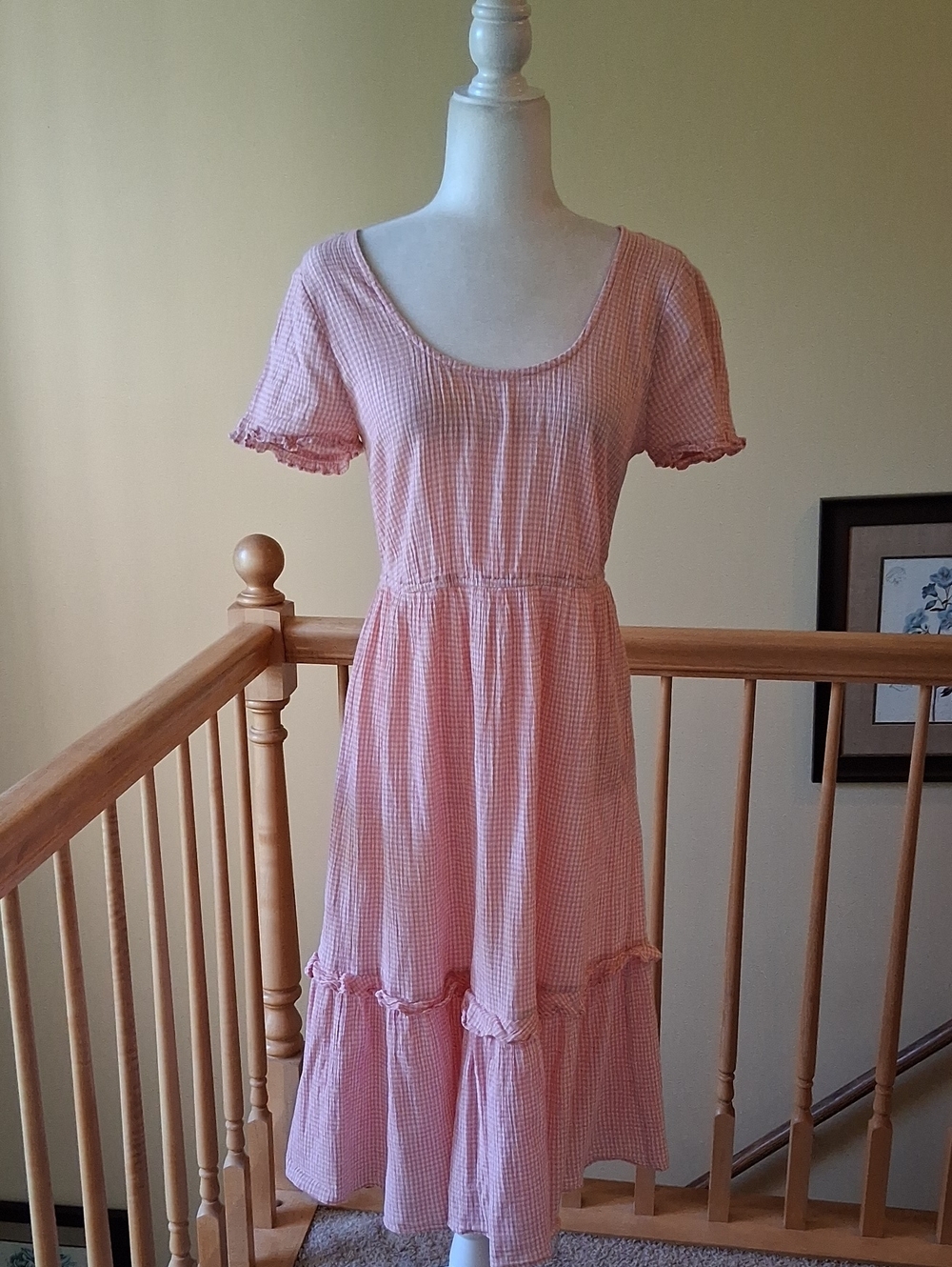Madewell Coral Pink Gingham Short Sleeve Midi Dress